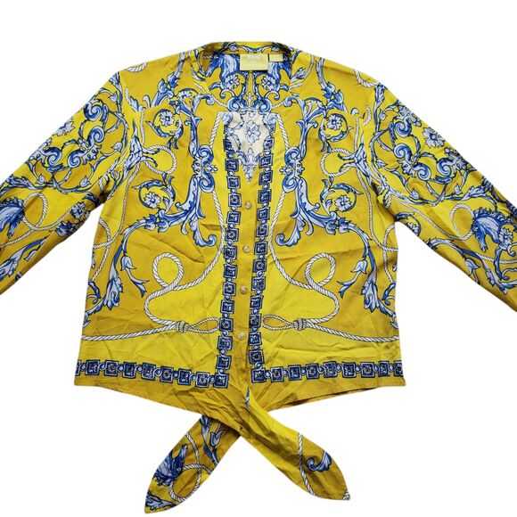 Anthropologie Maeve Elan Scarf Print Blouse 0 Yellow Horse Tie Front Equestrian - Picture 6 of 15